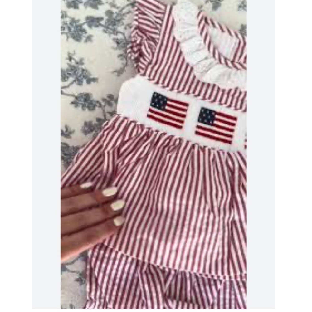 Eliza James Kids red seersucker smocked flag dress with matching bloomers July 4